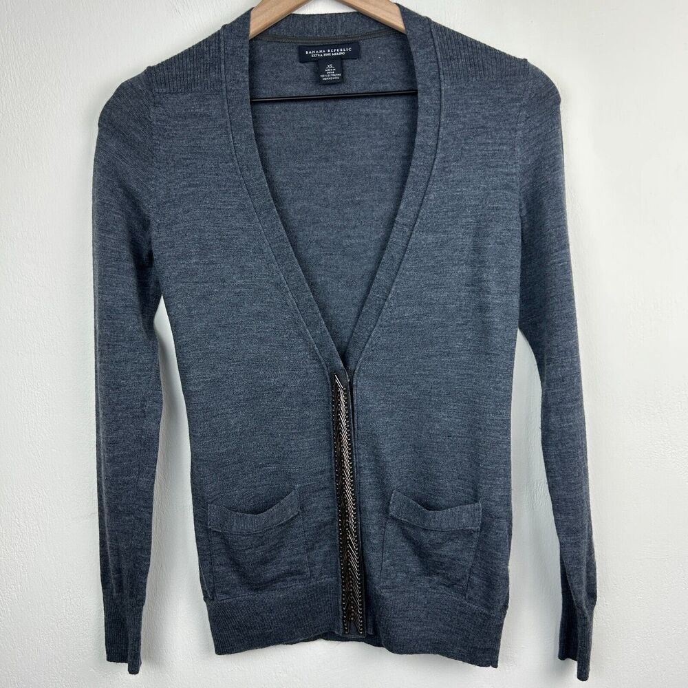 Banana Republic Cardigan Womens XS Gray Beaded 100% Extra Fine Merino Wool